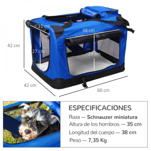 Transportín para Perros y Gatos Bolsa de Transporte para Mascotas Plegable con Cojín y Ventanas de Malla 60x42x42cm Azul [1]
