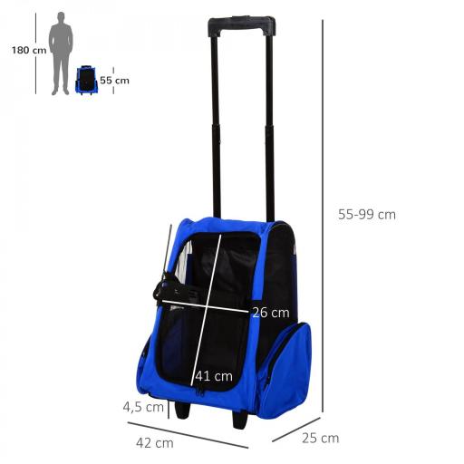 Transportín 2 en 1 para Mascotas Mochila o Carrito de Viaje para Perro y Gato con 2 Ruedas con Asa retráctil de Aluminio y Bolsillos 42x25x55 cm Azul [1]