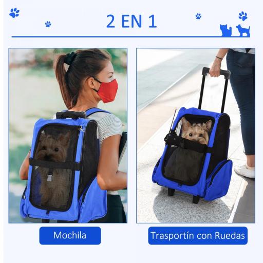 Transportín 2 en 1 para Mascotas Mochila o Carrito de Viaje para Perro y Gato con 2 Ruedas con Asa retráctil de Aluminio y Bolsillos 42x25x55 cm Azul [4]