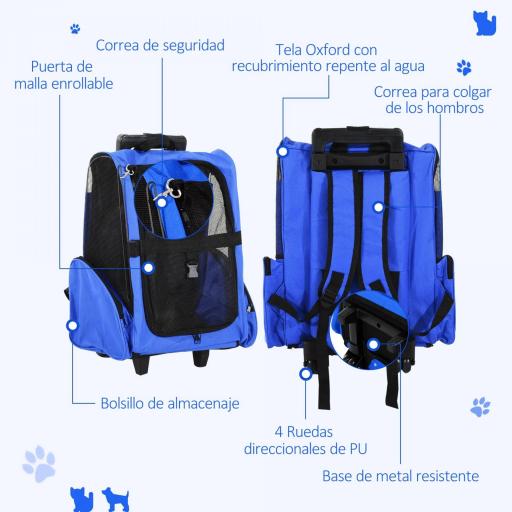 Transportín 2 en 1 para Mascotas Mochila o Carrito de Viaje para Perro y Gato con 2 Ruedas con Asa retráctil de Aluminio y Bolsillos 42x25x55 cm Azul [3]