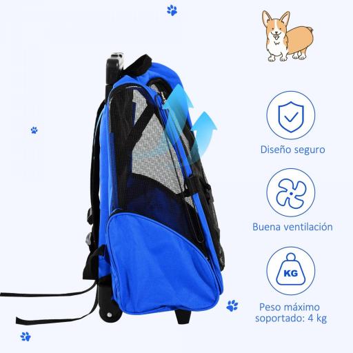Transportín 2 en 1 para Mascotas Mochila o Carrito de Viaje para Perro y Gato con 2 Ruedas con Asa retráctil de Aluminio y Bolsillos 42x25x55 cm Azul [5]