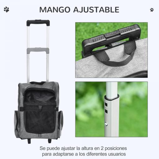 Transportín Carrito para Mascotas 2 en 1 Mochila de Viaje con 2 Ruedas para Perros Gatos con Asa Retráctil de Aluminio y Bolsillos de Almacenaje 42x25x55 cm Gris [6]