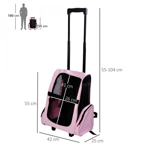 Transportín 2 en 1 para Mascotas Mochila o Carrito de Viaje para Perro y Gato con 2 Ruedas con Asa retráctil de Aluminio y Bolsillos 42x25x55 cm Rosa [1]