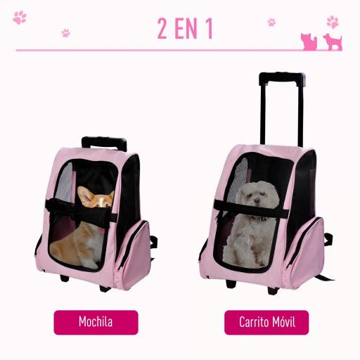 Transportín 2 en 1 para Mascotas Mochila o Carrito de Viaje para Perro y Gato con 2 Ruedas con Asa retráctil de Aluminio y Bolsillos 42x25x55 cm Rosa [2]