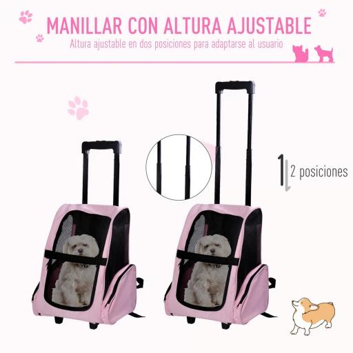 Transportín 2 en 1 para Mascotas Mochila o Carrito de Viaje para Perro y Gato con 2 Ruedas con Asa retráctil de Aluminio y Bolsillos 42x25x55 cm Rosa [3]