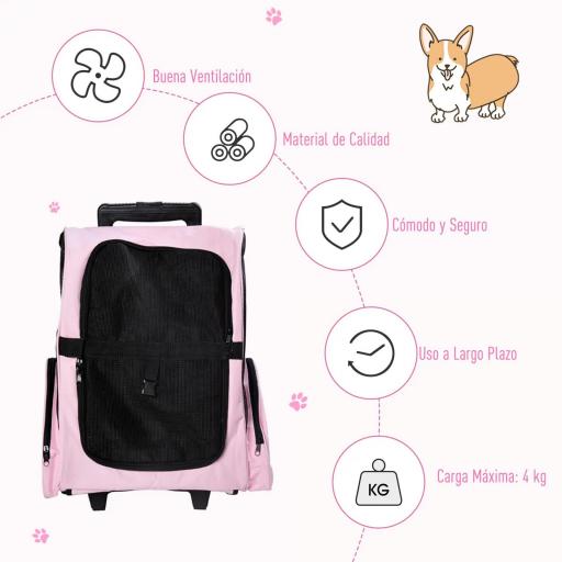 Transportín 2 en 1 para Mascotas Mochila o Carrito de Viaje para Perro y Gato con 2 Ruedas con Asa retráctil de Aluminio y Bolsillos 42x25x55 cm Rosa [4]