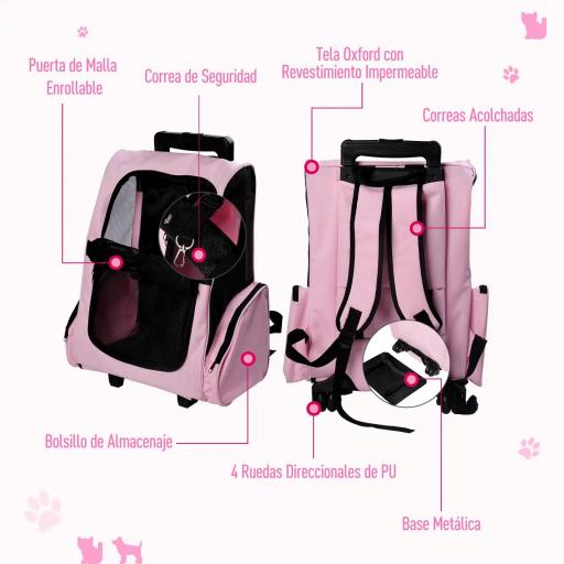 Transportín 2 en 1 para Mascotas Mochila o Carrito de Viaje para Perro y Gato con 2 Ruedas con Asa retráctil de Aluminio y Bolsillos 42x25x55 cm Rosa [5]