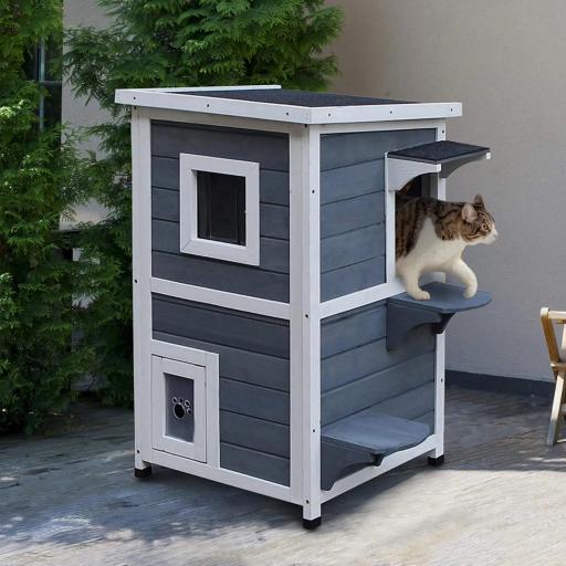 Caseta para Gatos de Madera Exterior, Casa para Gatos de 2 Niveles con Techo Abatible, Panel Central Extraíble, Ventanas, Puertas, para Terraza, Balcón, Jardín, 51x51x81,3 cm, Gris