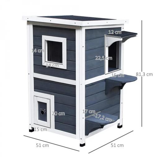 Caseta para Gatos de Madera Exterior, Casa para Gatos de 2 Niveles con Techo Abatible, Panel Central Extraíble, Ventanas, Puertas, para Terraza, Balcón, Jardín, 51x51x81,3 cm, Gris [1]