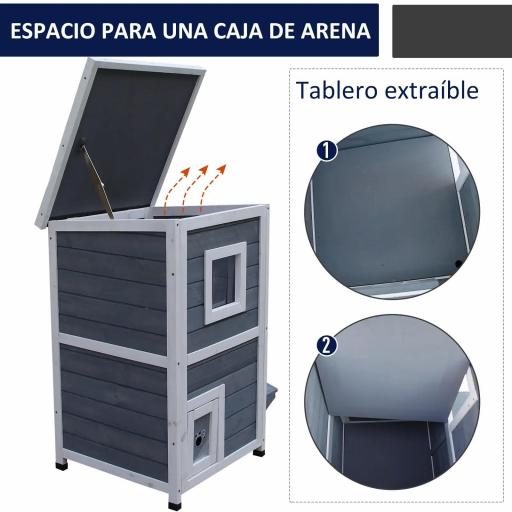 Caseta para Gatos de Madera Exterior, Casa para Gatos de 2 Niveles con Techo Abatible, Panel Central Extraíble, Ventanas, Puertas, para Terraza, Balcón, Jardín, 51x51x81,3 cm, Gris [3]