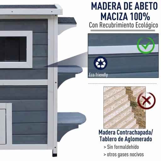 Caseta para Gatos de Madera Exterior, Casa para Gatos de 2 Niveles con Techo Abatible, Panel Central Extraíble, Ventanas, Puertas, para Terraza, Balcón, Jardín, 51x51x81,3 cm, Gris [4]