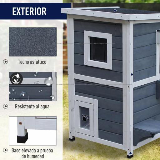 Caseta para Gatos de Madera Exterior, Casa para Gatos de 2 Niveles con Techo Abatible, Panel Central Extraíble, Ventanas, Puertas, para Terraza, Balcón, Jardín, 51x51x81,3 cm, Gris [5]