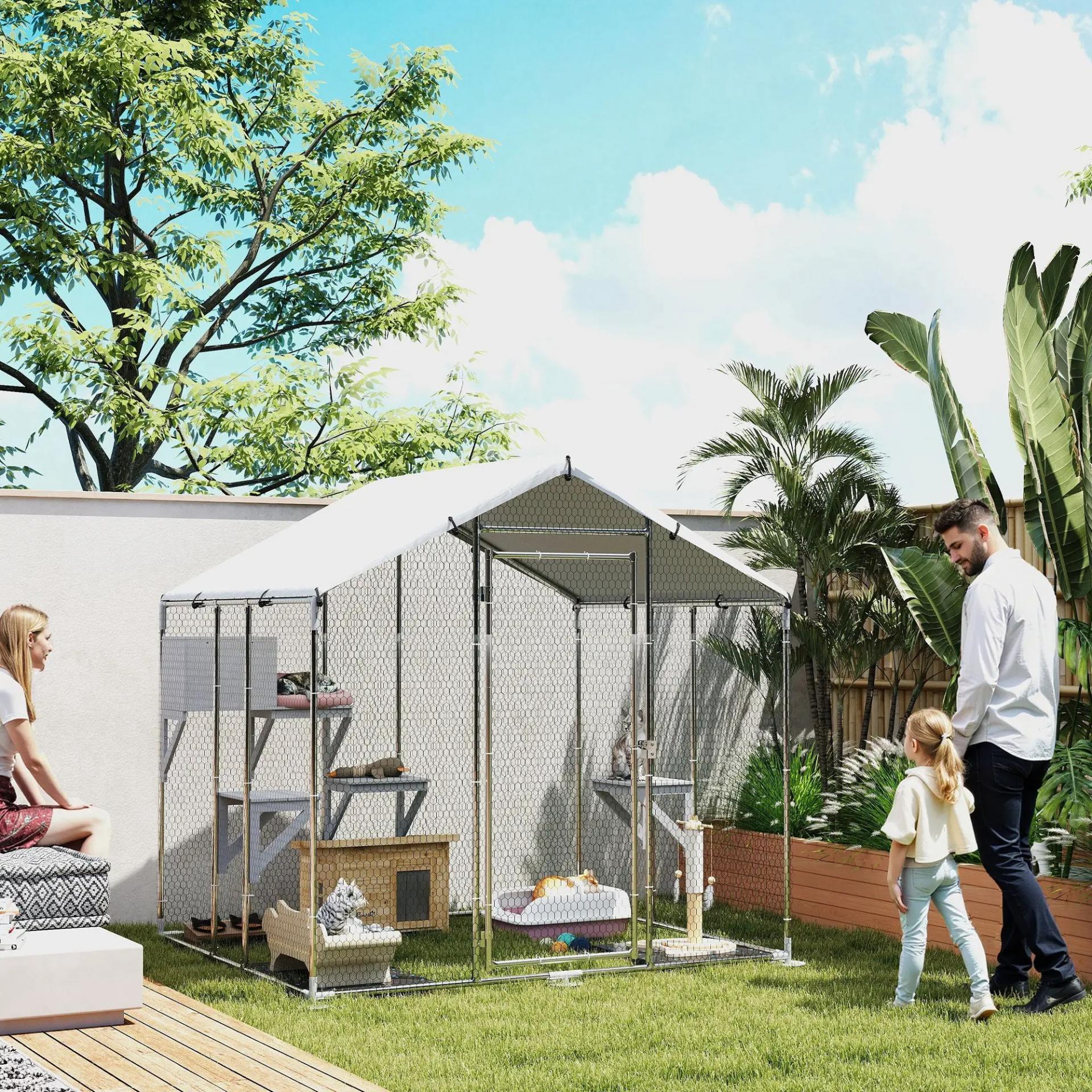 Refugio Exterior Grande para Gatos Jaula de Acero Galvanizado con Techo Impermeable para 5 Gatos 200x170x195 cm Plateado