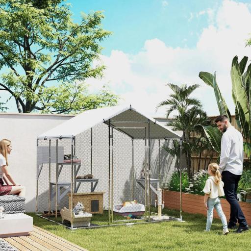 Refugio Exterior Grande para Gatos Jaula de Acero Galvanizado con Techo Impermeable para 5 Gatos 200x170x195 cm Plateado
