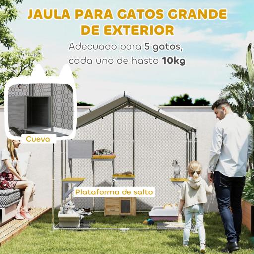 Refugio Exterior Grande para Gatos Jaula de Acero Galvanizado con Techo Impermeable para 5 Gatos 200x170x195 cm Plateado [2]