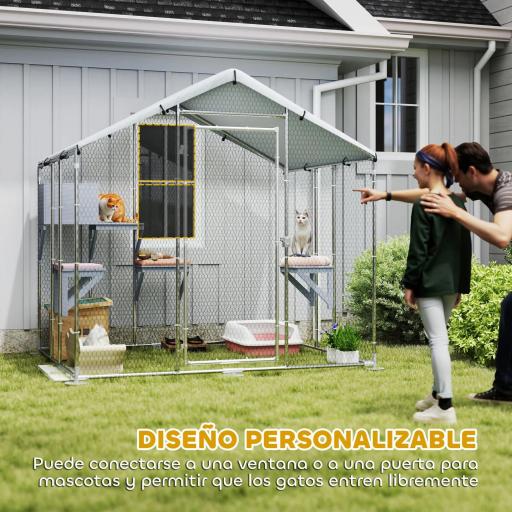 Refugio Exterior Grande para Gatos Jaula de Acero Galvanizado con Techo Impermeable para 5 Gatos 200x170x195 cm Plateado [4]