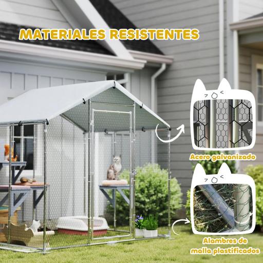 Refugio Exterior Grande para Gatos Jaula de Acero Galvanizado con Techo Impermeable para 5 Gatos 200x170x195 cm Plateado [3]