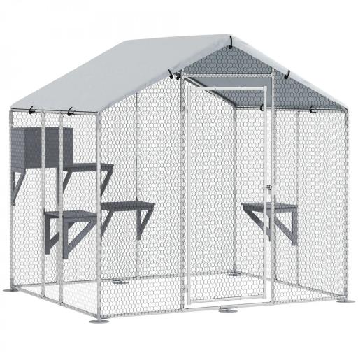 Refugio Exterior Grande para Gatos Jaula de Acero Galvanizado con Techo Impermeable para 5 Gatos 200x170x195 cm Plateado [7]