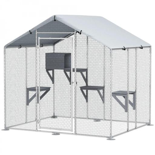 Refugio Exterior Grande para Gatos Jaula de Acero Galvanizado con Techo Impermeable para 5 Gatos 200x170x195 cm Plateado [9]