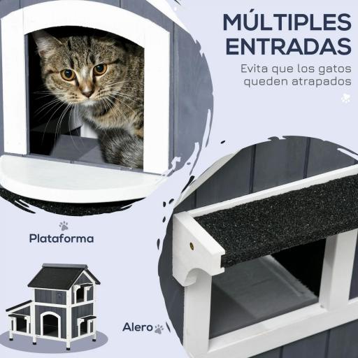 Caseta de Madera de Exterior para Gatos Casa para Gatos Refugio para Gatos de 2 Niveles 96x65x85,5 cm Gris [2]