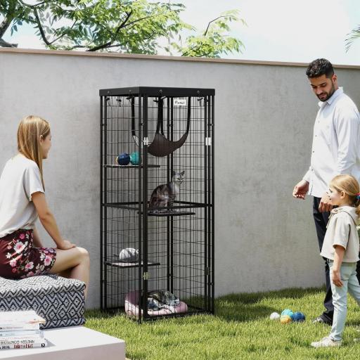 Jaula para Gatos Exterior e Interior Metálica con Cubierta Impermeable Perchas Hamaca y Puerta 61,5x55x157 cm Negro