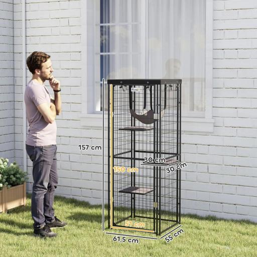 Jaula para Gatos Exterior e Interior Metálica con Cubierta Impermeable Perchas Hamaca y Puerta 61,5x55x157 cm Negro [2]