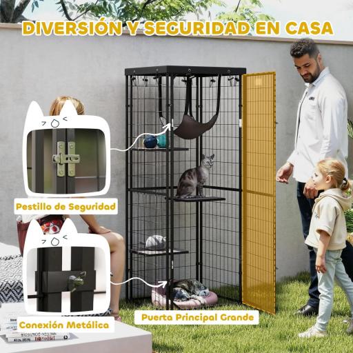Jaula para Gatos Exterior e Interior Metálica con Cubierta Impermeable Perchas Hamaca y Puerta 61,5x55x157 cm Negro [4]