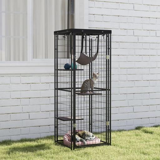 Jaula para Gatos Exterior e Interior Metálica con Cubierta Impermeable Perchas Hamaca y Puerta 61,5x55x157 cm Negro [6]