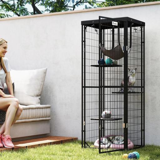 Jaula para Gatos Exterior e Interior Metálica con Cubierta Impermeable Perchas Hamaca y Puerta 61,5x55x157 cm Negro [5]