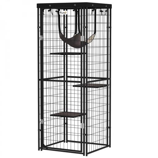 Jaula para Gatos Exterior e Interior Metálica con Cubierta Impermeable Perchas Hamaca y Puerta 61,5x55x157 cm Negro [9]