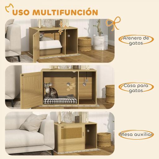 Mueble Arenero para Gatos Caja de Arena para Gatos con Almohadilla para Rascar y Puerta de Ratán 80x50x50 cm Roble [5]