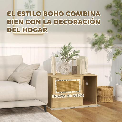 Mueble Arenero para Gatos Caja de Arena para Gatos con Almohadilla para Rascar y Puerta de Ratán 80x50x50 cm Roble [3]