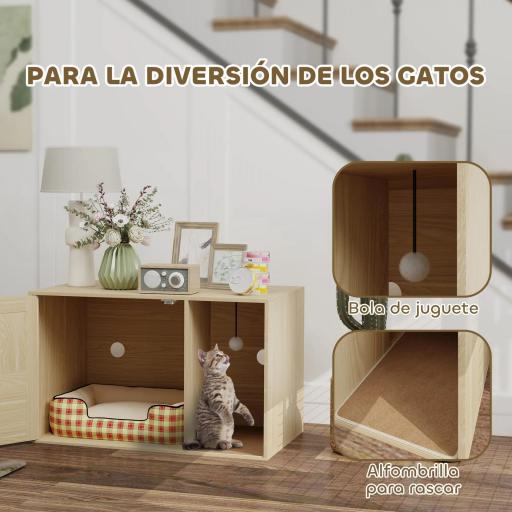 Mueble Arenero para Gatos Caja de Arena para Gatos con Almohadilla para Rascar y Puerta de Ratán 80x50x50 cm Roble [4]