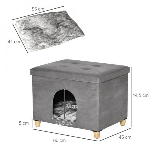 Cueva para Gatos 2 en 1 Taburete Reposapiés con Tapa Extraíble Orificio de Entrada Cojín Lavable y Patas Elevadas de Madera para Interior 60x45x44,5 cm Gris [1]