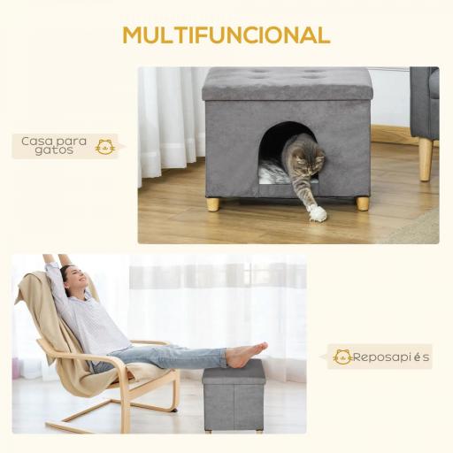 Cueva para Gatos 2 en 1 Taburete Reposapiés con Tapa Extraíble Orificio de Entrada Cojín Lavable y Patas Elevadas de Madera para Interior 60x45x44,5 cm Gris [2]