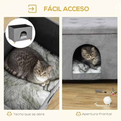 Cueva para Gatos 2 en 1 Taburete Reposapiés con Tapa Extraíble Orificio de Entrada Cojín Lavable y Patas Elevadas de Madera para Interior 60x45x44,5 cm Gris [3]