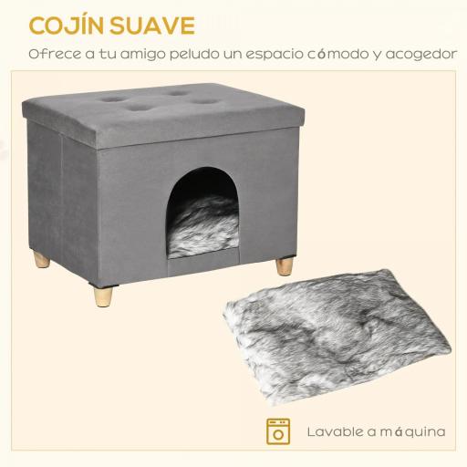 Cueva para Gatos 2 en 1 Taburete Reposapiés con Tapa Extraíble Orificio de Entrada Cojín Lavable y Patas Elevadas de Madera para Interior 60x45x44,5 cm Gris [4]