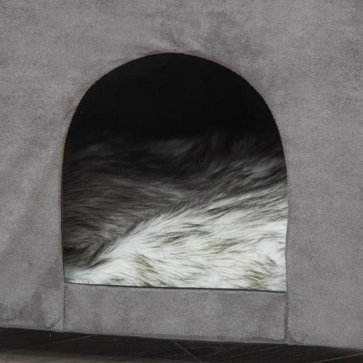 Cueva para Gatos 2 en 1 Taburete Reposapiés con Tapa Extraíble Orificio de Entrada Cojín Lavable y Patas Elevadas de Madera para Interior 60x45x44,5 cm Gris [6]