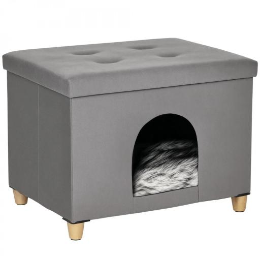 Cueva para Gatos 2 en 1 Taburete Reposapiés con Tapa Extraíble Orificio de Entrada Cojín Lavable y Patas Elevadas de Madera para Interior 60x45x44,5 cm Gris [8]