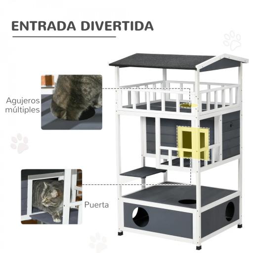 Caseta para Gatos de Madera 75,5x75x137 cm con Techo Asfáltico Plataformas para Interior y Exterior Gris [4]
