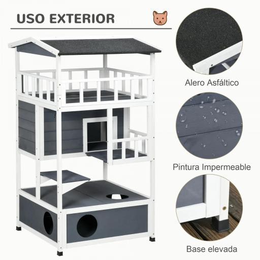 Caseta para Gatos de Madera 75,5x75x137 cm con Techo Asfáltico Plataformas para Interior y Exterior Gris [3]