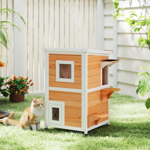 Caseta para Gatos de Madera Exterior de 2 Niveles con Techo Abatible Panel Central Extraíble 51x51x81,3 cm Natural
