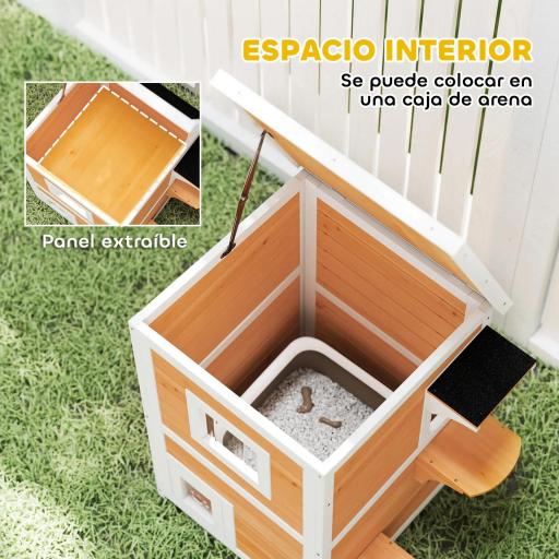 Caseta para Gatos de Madera Exterior de 2 Niveles con Techo Abatible Panel Central Extraíble 51x51x81,3 cm Natural [5]