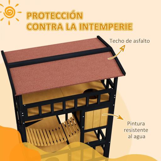 Casa para Gatos de 4 Niveles 84x60x116 cm Refugio para Gatos con Puente Colgante Balcón y Techo Asfáltico Natural [5]