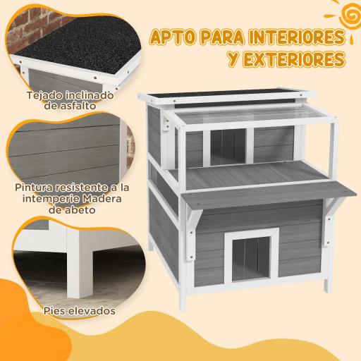 Caseta para Gatos de Madera de 2 Niveles con Techo Asfáltico Ventana y Puerta con Cortina 64x87x76 cm Gris Claro [6]