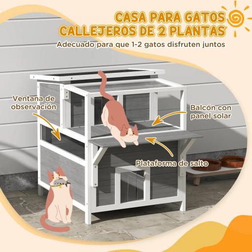 Caseta para Gatos de Madera de 2 Niveles con Techo Asfáltico Ventana y Puerta con Cortina 64x87x76 cm Gris Claro [2]