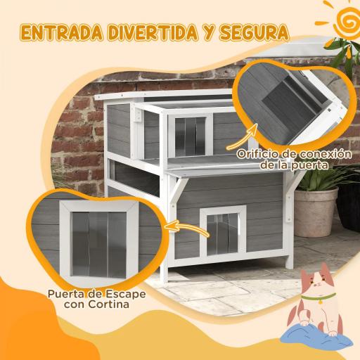 Caseta para Gatos de Madera de 2 Niveles con Techo Asfáltico Ventana y Puerta con Cortina 64x87x76 cm Gris Claro [4]