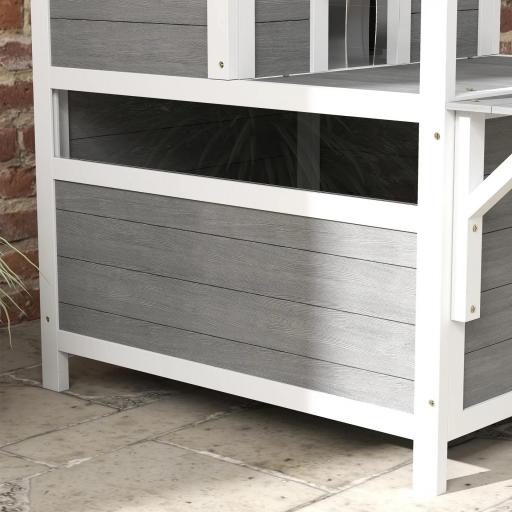 Caseta para Gatos de Madera de 2 Niveles con Techo Asfáltico Ventana y Puerta con Cortina 64x87x76 cm Gris Claro [8]