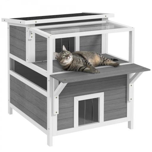 Caseta para Gatos de Madera de 2 Niveles con Techo Asfáltico Ventana y Puerta con Cortina 64x87x76 cm Gris Claro [10]