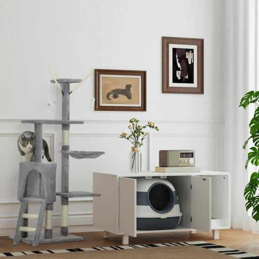 Mueble Arenero para Gatos con Puerta Rascador para Gatos Caja de Arena para Gatos para Interior 91x52x50,5 cm Blanco [6]